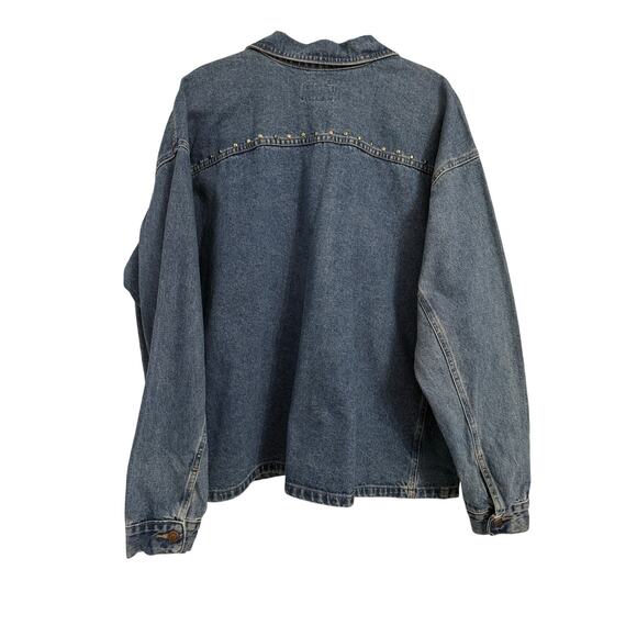 Womens Plus 3X Studded Floral Glitter Distressed Denim Button Trucker Jacket - Picture 2 of 9